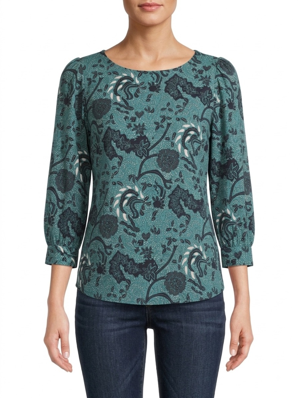 Melloday 3/4 Sleeve Teal Floral Boho Dark Moody Work Blouse